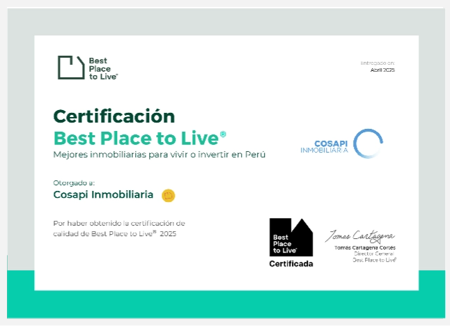 Certificado Best Place to Live 2025